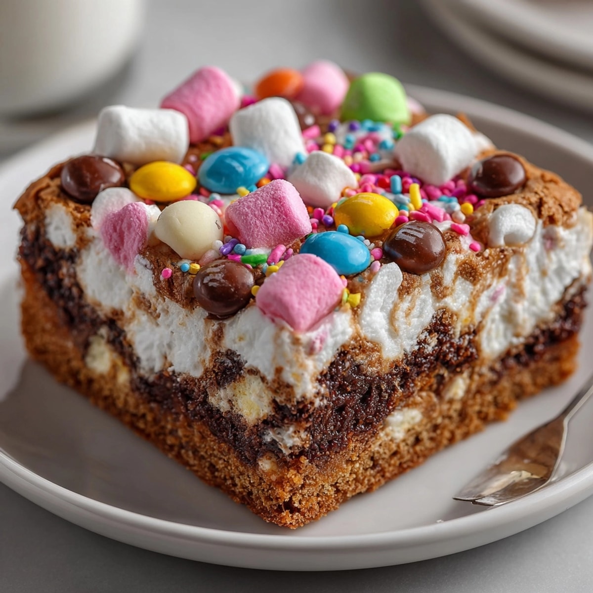 Silly Cake Gingerbread House Collapse Bars topped with gooey marshmallows and vibrant holiday candies