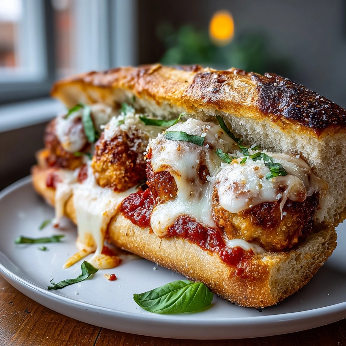 Closeup of 30-Minute Turkey Meatball Sub Sandwich Meal Prep, garnished with fresh basil for a hearty lunch.