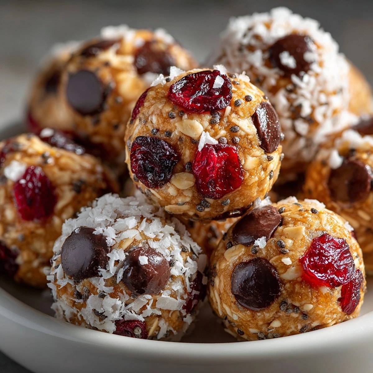 Cherry-Coded Dark Chocolate Energy Bites with Sea Salt arranged on parchment, glistening under sprinkled flaky sea salt.