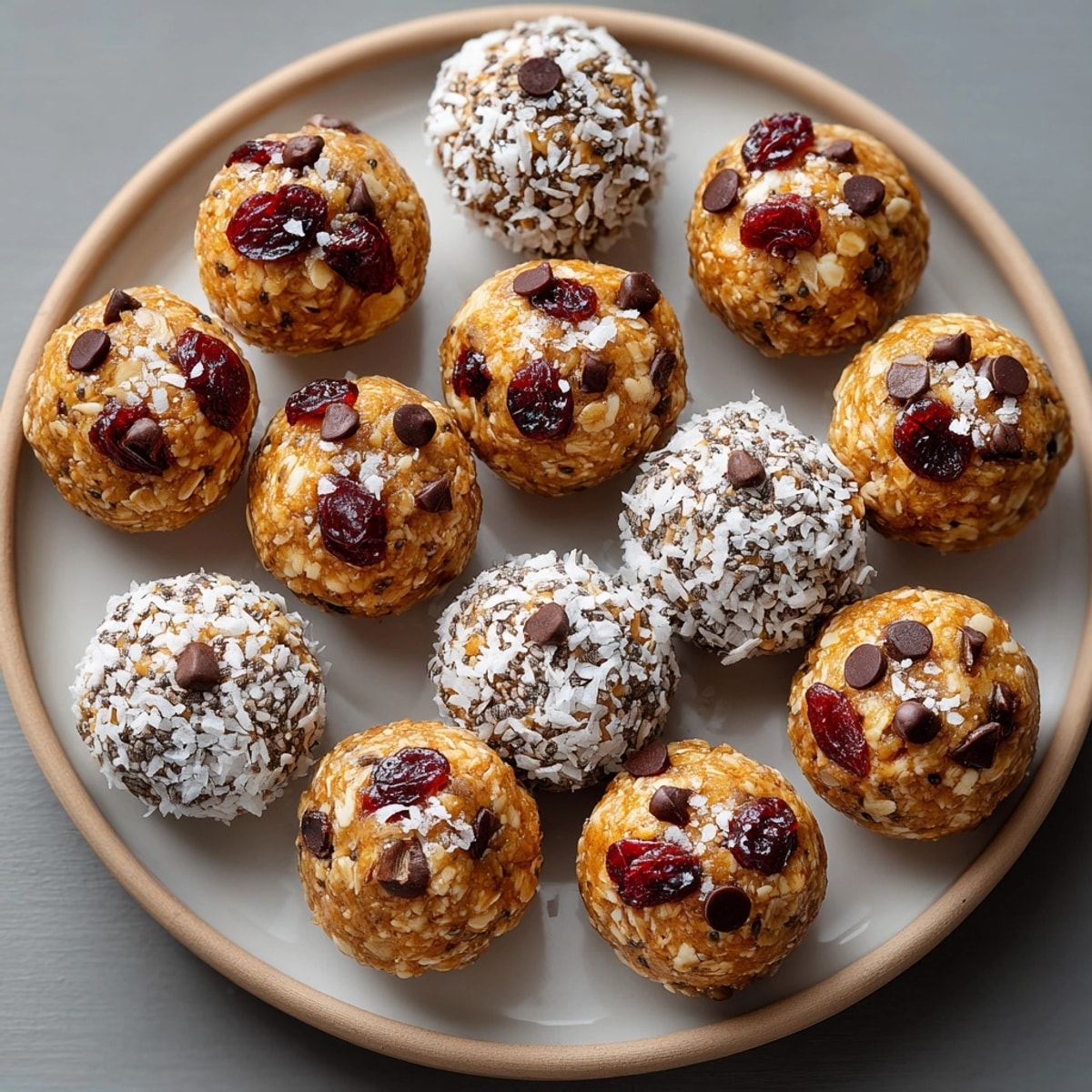 Close-up of Cherry-Coded Dark Chocolate Energy Bites with Sea Salt, highlighting rustic oat texture and glossy dark chocolate.