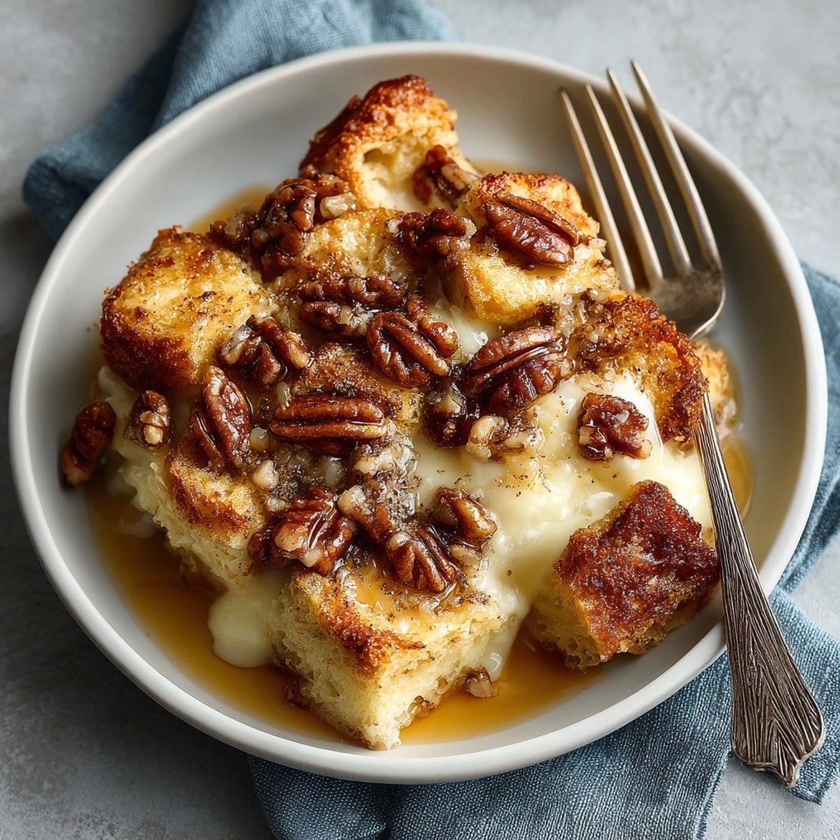 All-American Maple Pecan French Toast Casserole served hot, topped with crunchy pecans and extra maple syrup.