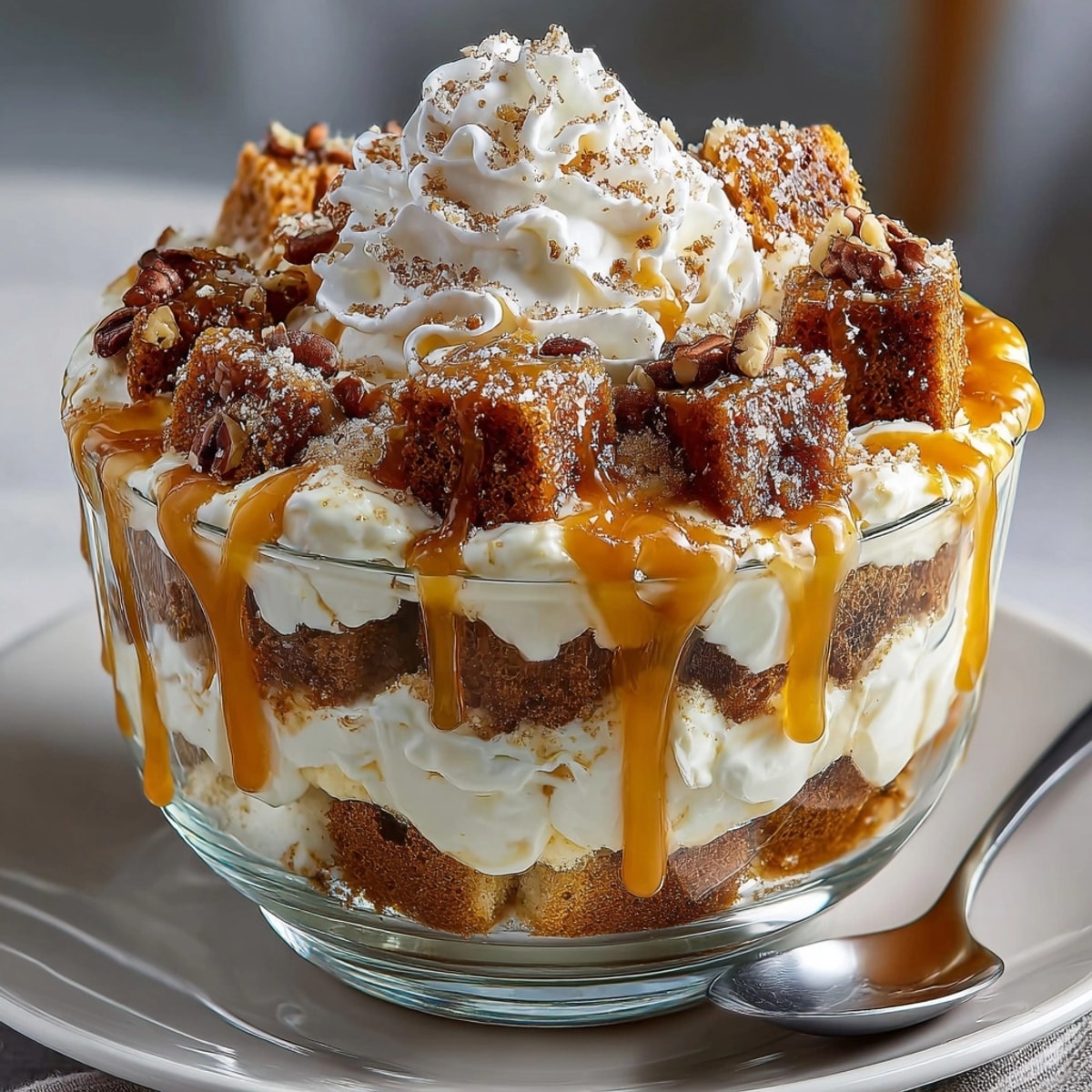 Chaos Cake Pumpkin Spice Disaster Trifle layered with creamy pudding, fluffy whipped cream, and crunchy pecans.