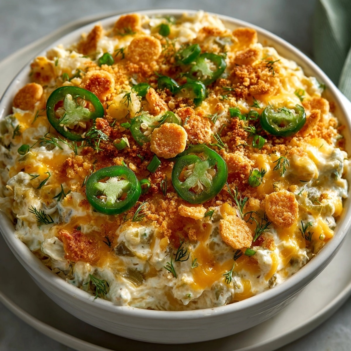 Pickle-Fix Jalapeño Popper Dip in Crockpot bubbling in a slow cooker, topped with fresh dill.