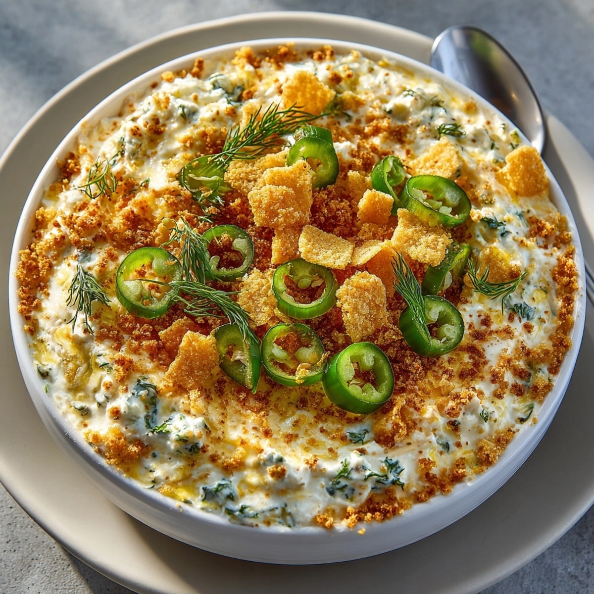 Appetizing Pickle-Fix Jalapeño Popper Dip in Crockpot with golden cracker topping and green onions.
