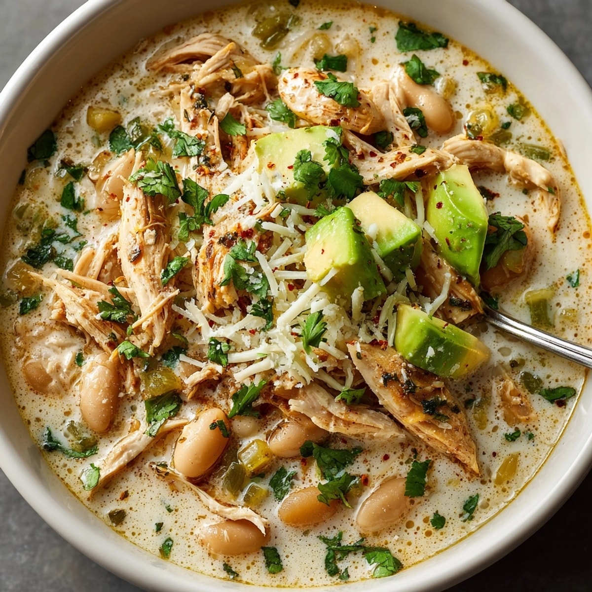 Budget-Friendly White Chicken Chili with Secret Beans topped with avocado and shredded cheese, steaming in a bowl.