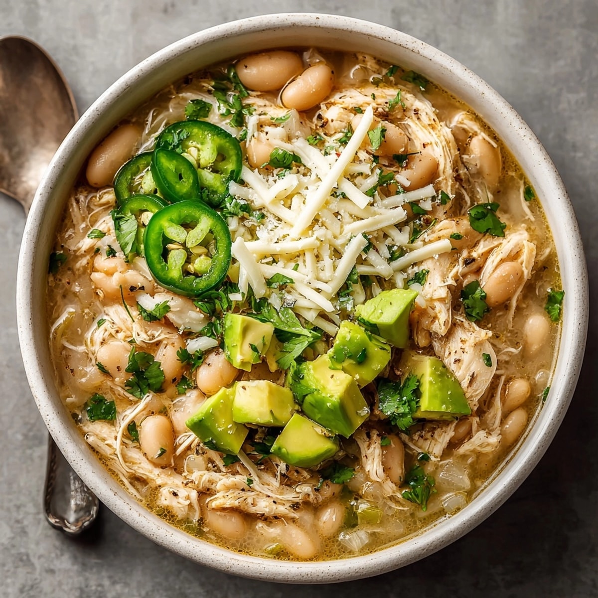 Creamy Budget-Friendly White Chicken Chili with Secret Beans, rich with tender chicken and visible white beans.