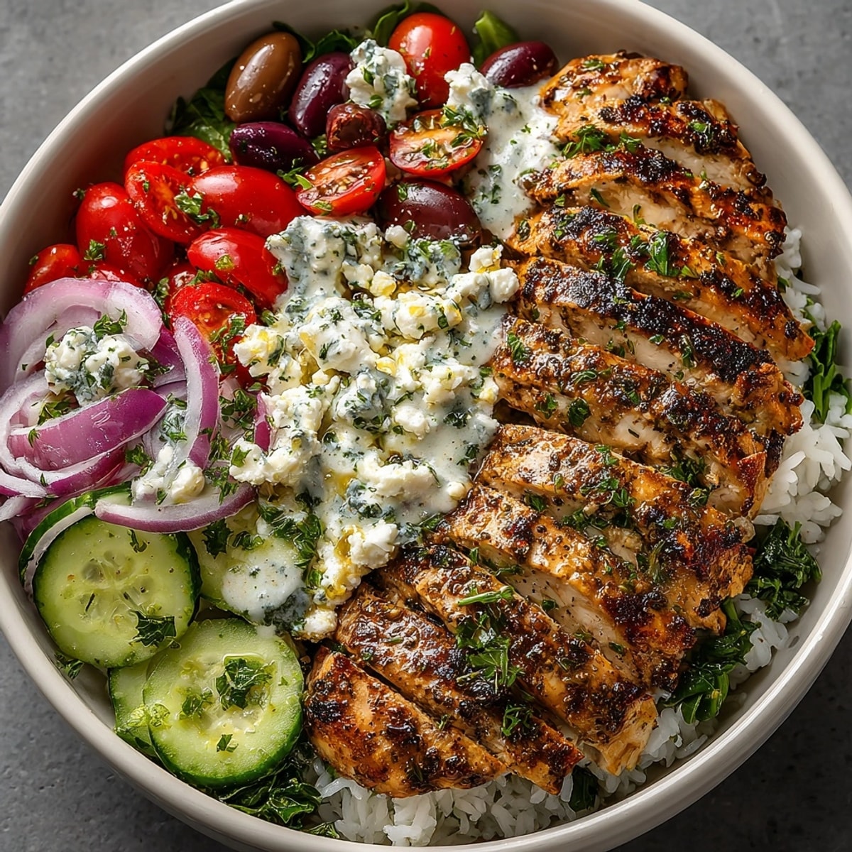 Greek Chicken Bowl Meal Prep with Lemon Tahini served in a vibrant meal prep container, featuring colorful veggies and fluffy rice.