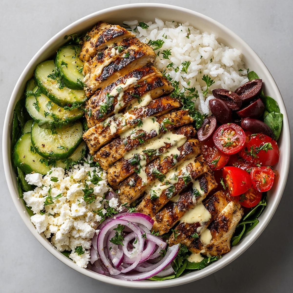 Healthy Greek Chicken Bowl Meal Prep with Lemon Tahini, garnished with feta, parsley, and crisp Mediterranean vegetables.