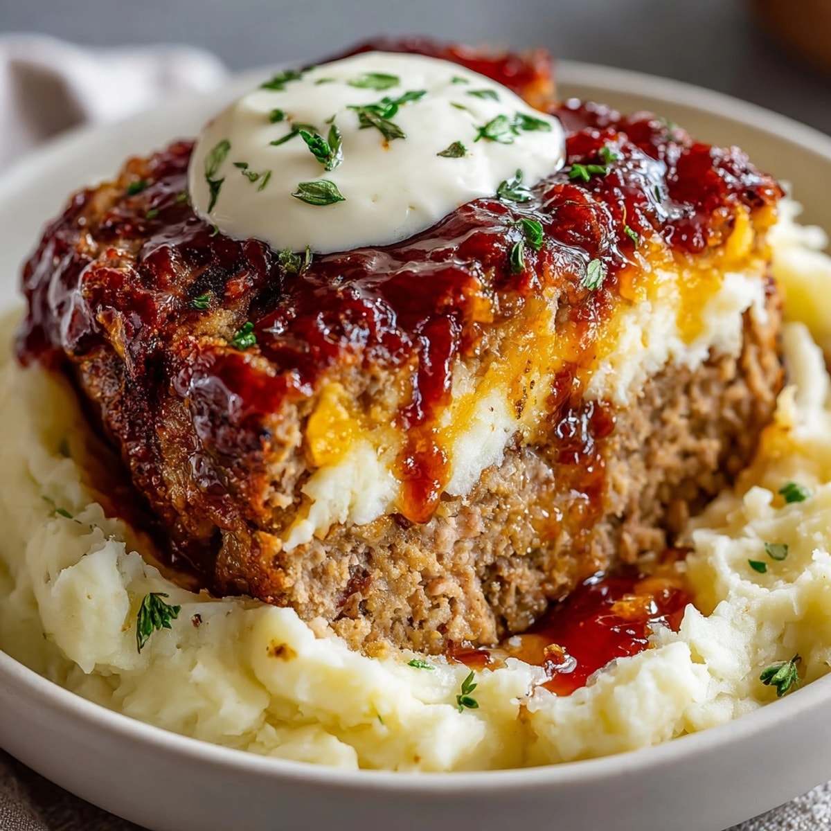 Classic Comfort Meatloaf and Mashed Potato Skillet bubbling in a skillet, golden and inviting for family dinner