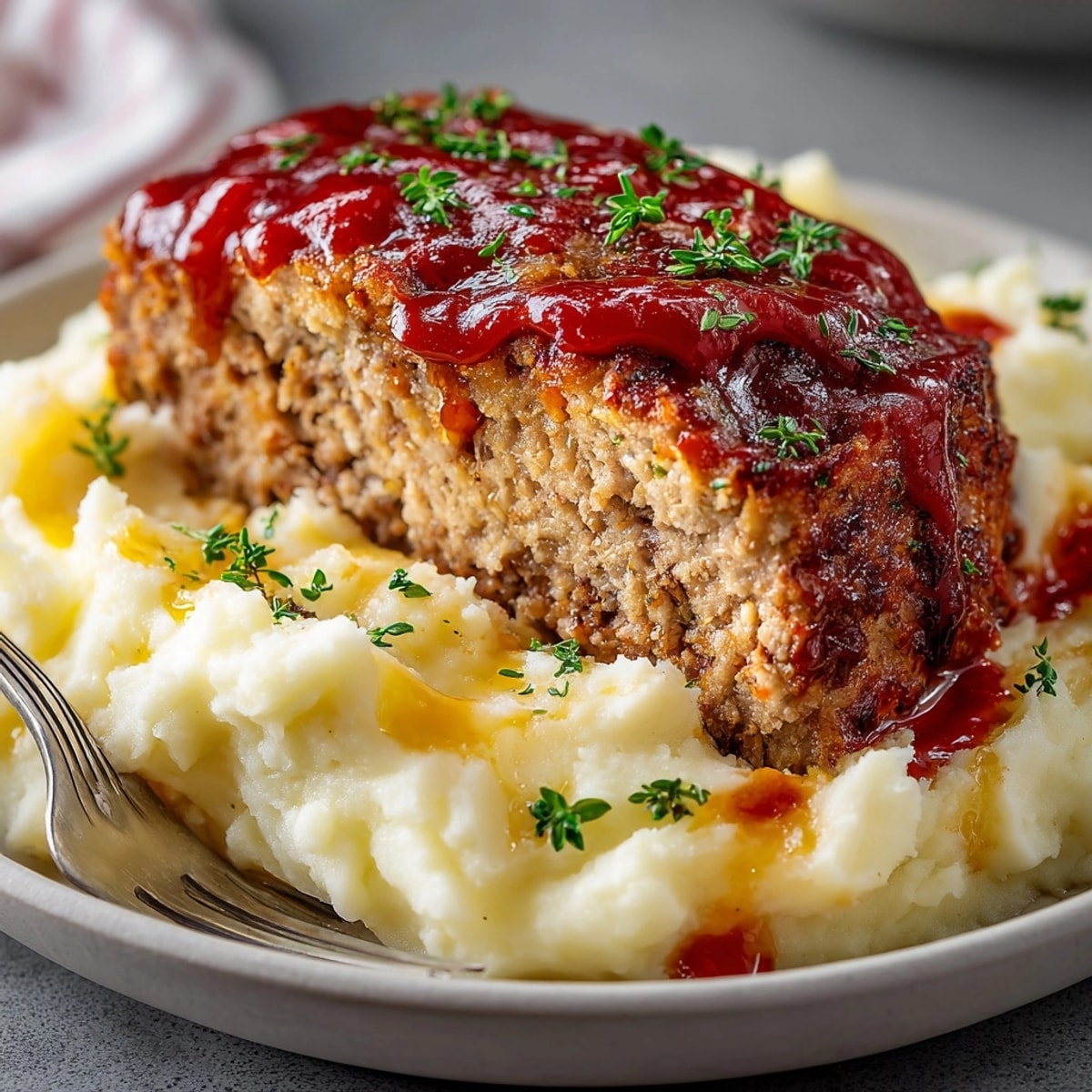Hearty Classic Comfort Meatloaf and Mashed Potato Skillet topped with creamy, golden-baked mashed potatoes