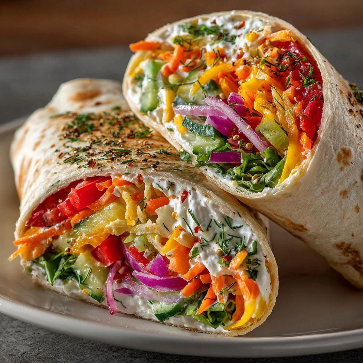 Pickle-Fix Dill Pickle Ranch Veggie Wraps sliced on a board, layers of crisp veggies and pickles visible.