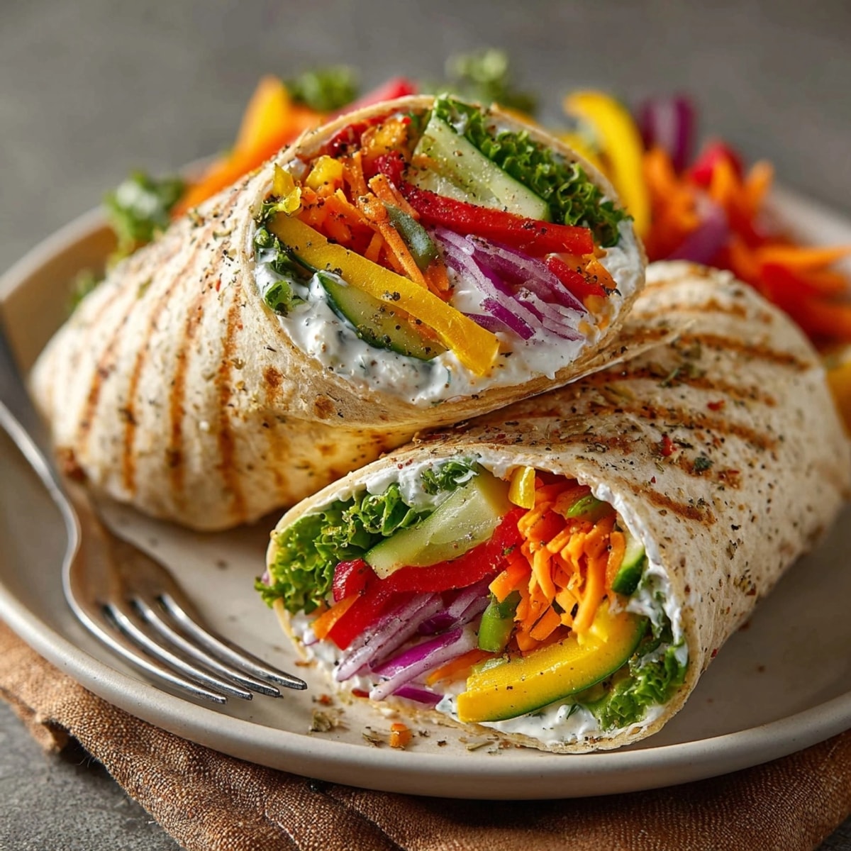 Close-up of Pickle-Fix Dill Pickle Ranch Veggie Wrap, creamy ranch and fresh dill peeking from a soft tortilla.