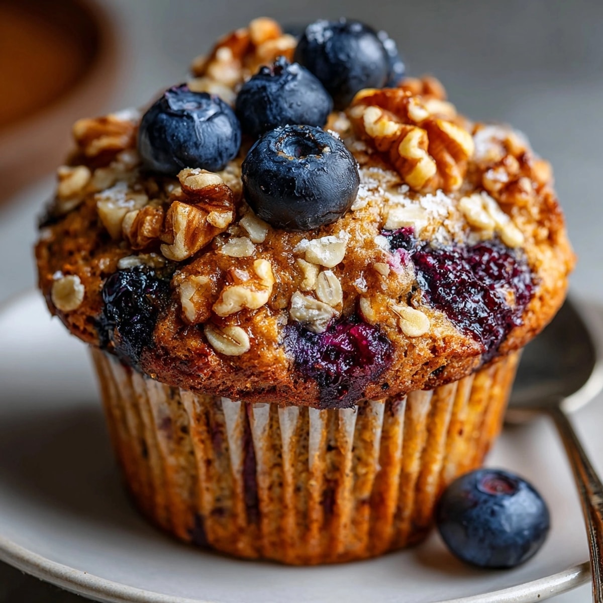 Brain Food Blueberry Oat Breakfast Muffins with Omega-3 on a cooling rack after baking, bursting with juicy berries.
