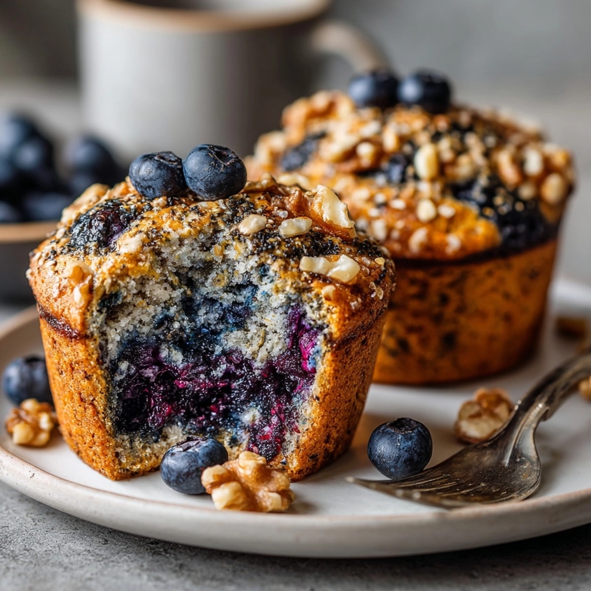 Close-up of Brain Food Blueberry Oat Breakfast Muffins with Omega-3, topped with golden oats and walnuts, ready to serve.