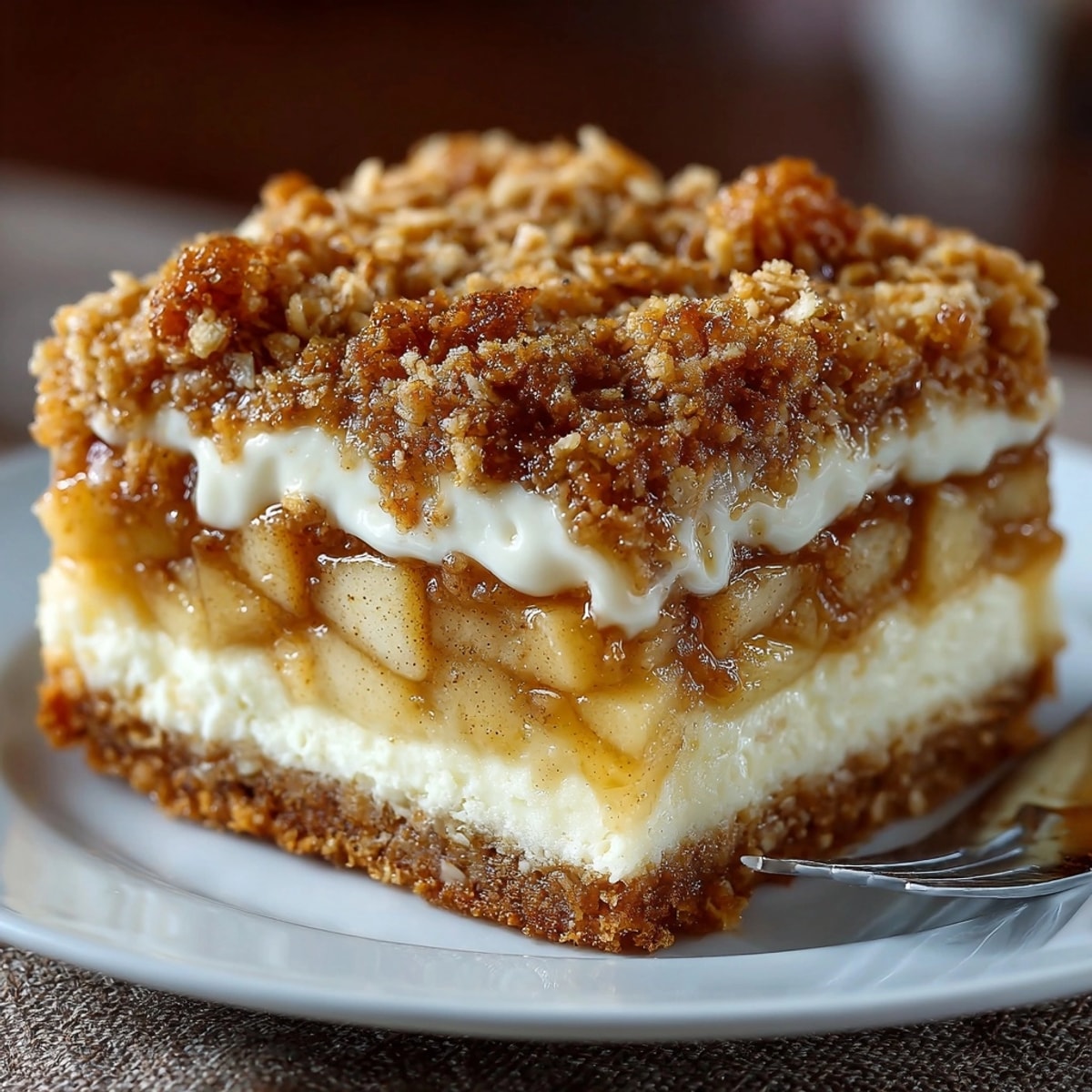 Sweet Comfort Apple Crisp Cheesecake Bars on a plate, topped with crumbly oat streusel and baked apples.