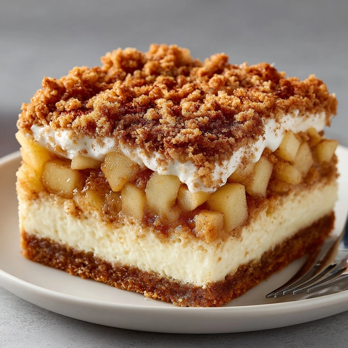 A close-up showing creamy layers of Sweet Comfort Apple Crisp Cheesecake Bars with cinnamon-spiced apple chunks.