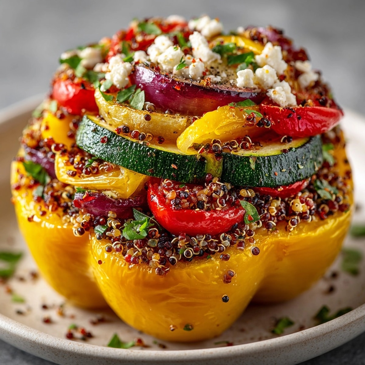 Mediterranean Quinoa Stuffed Bell Peppers arranged in a baking dish, topped with golden feta cheese.