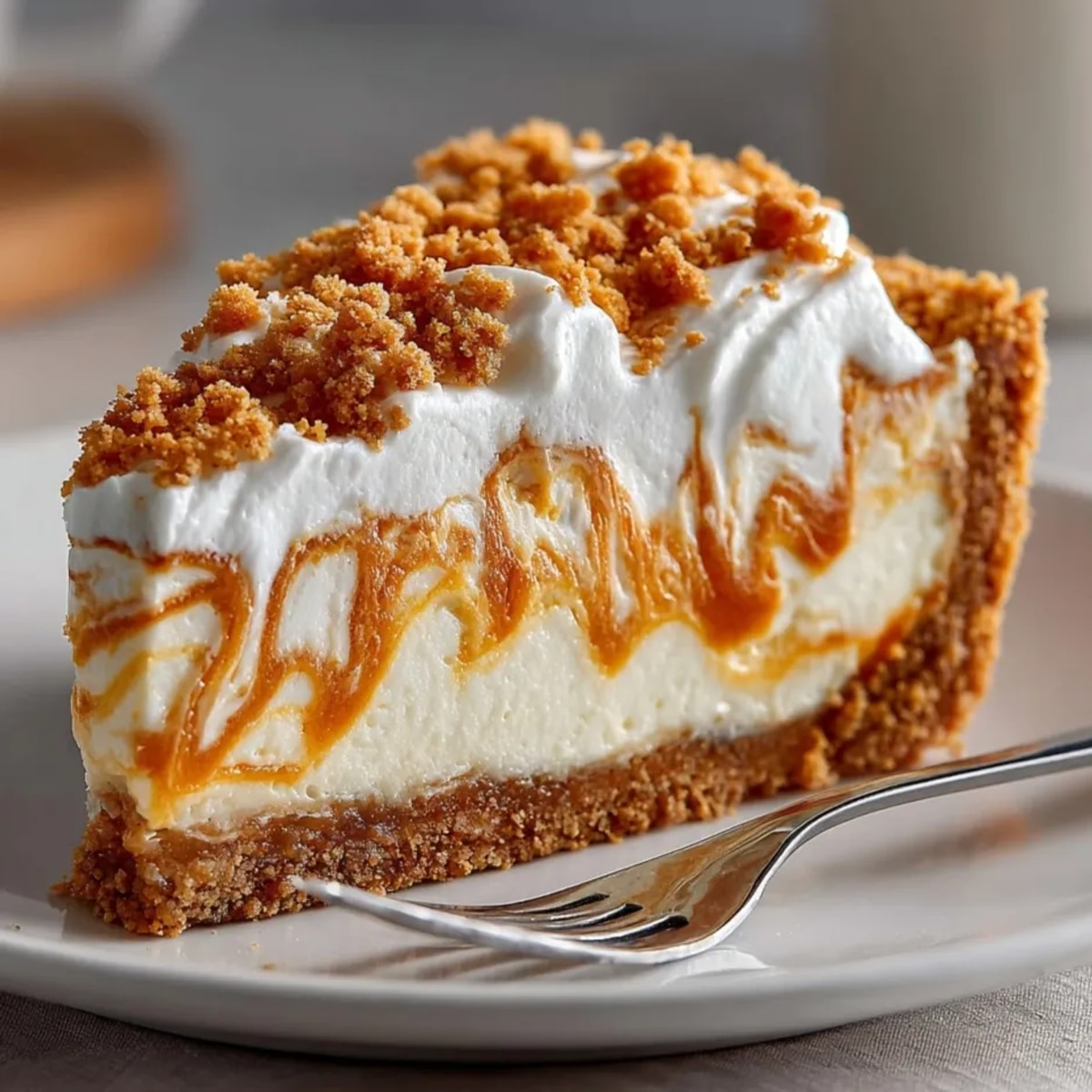 Golden slice of Pumpkin Cream Cheese Pie with a crisp gingersnap crust, ready to serve.