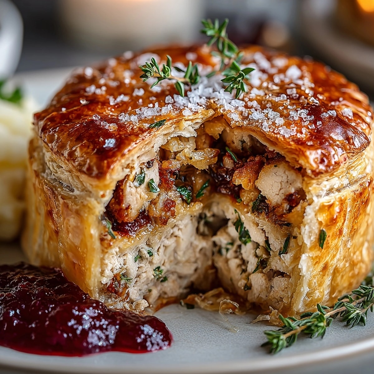 Golden Turkey & Stuffing Hand Pies, with flaky crust and holiday flavors, perfect for dipping.