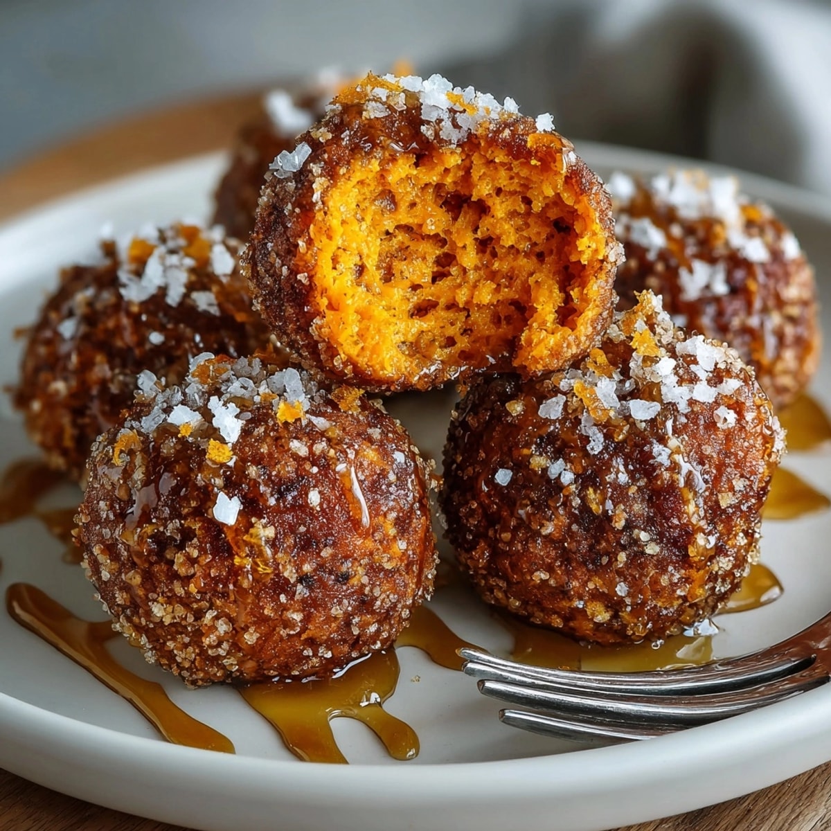 Golden-brown Orange-Zest Sweet Potato Pecan Bites, ready to serve drizzled with honey.