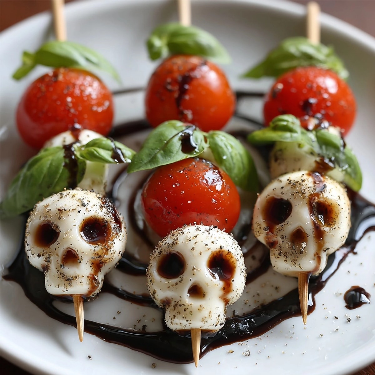 Caprese Skull Skewers with balsamic web, perfect Halloween treats on a black platter, ready to enjoy.