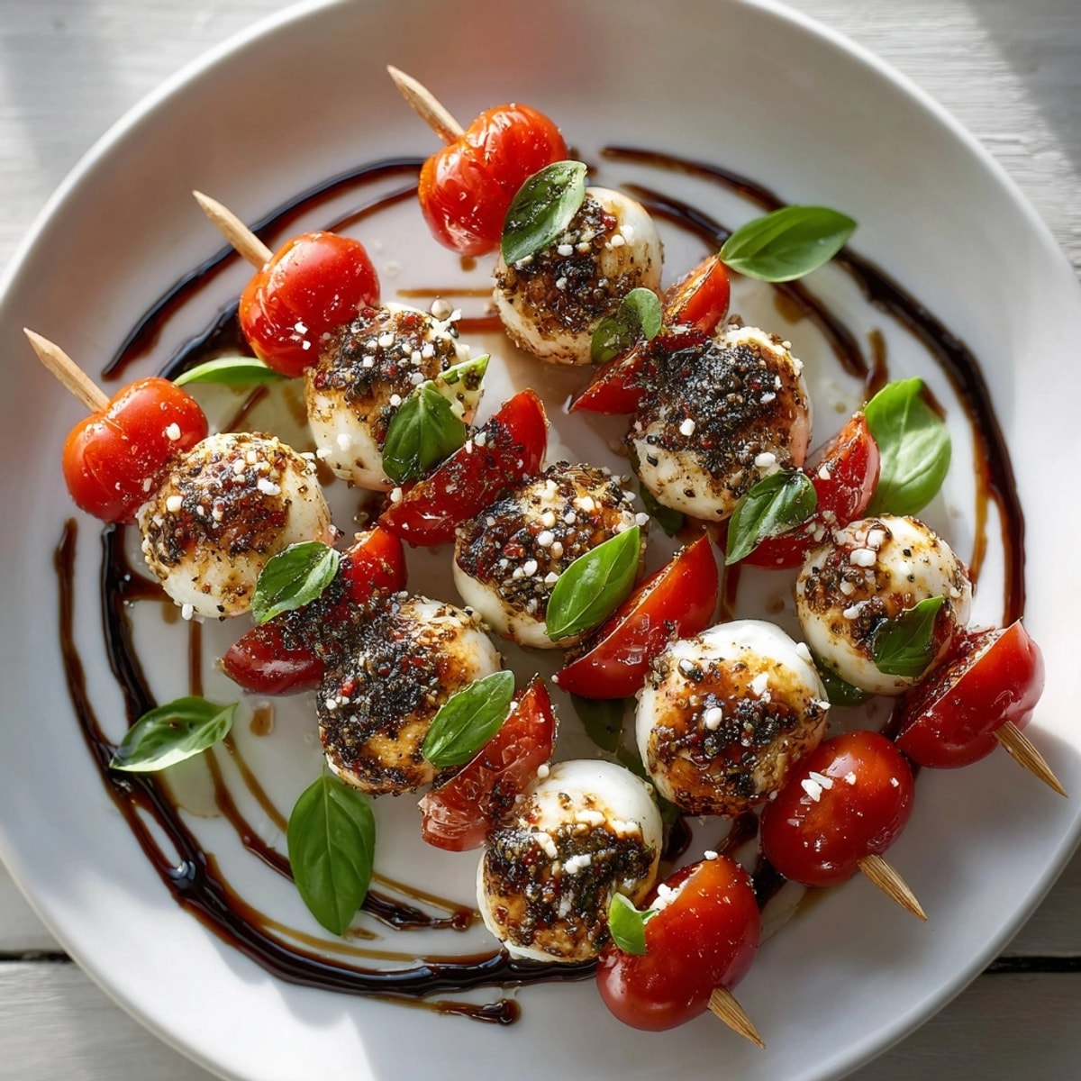 Festive Caprese Skull Skewers arranged on a plate, showcasing a flavorful balsamic reduction for Halloween fun.