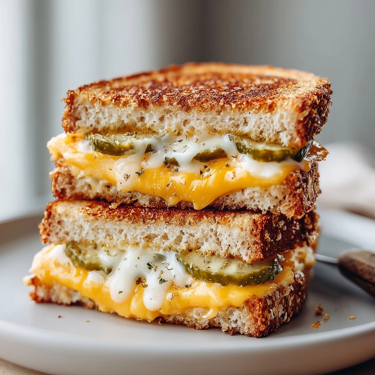 Golden-brown 15-Minute Pickle Juice Grilled Cheese oozing melted cheddar, ready for a savory bite.