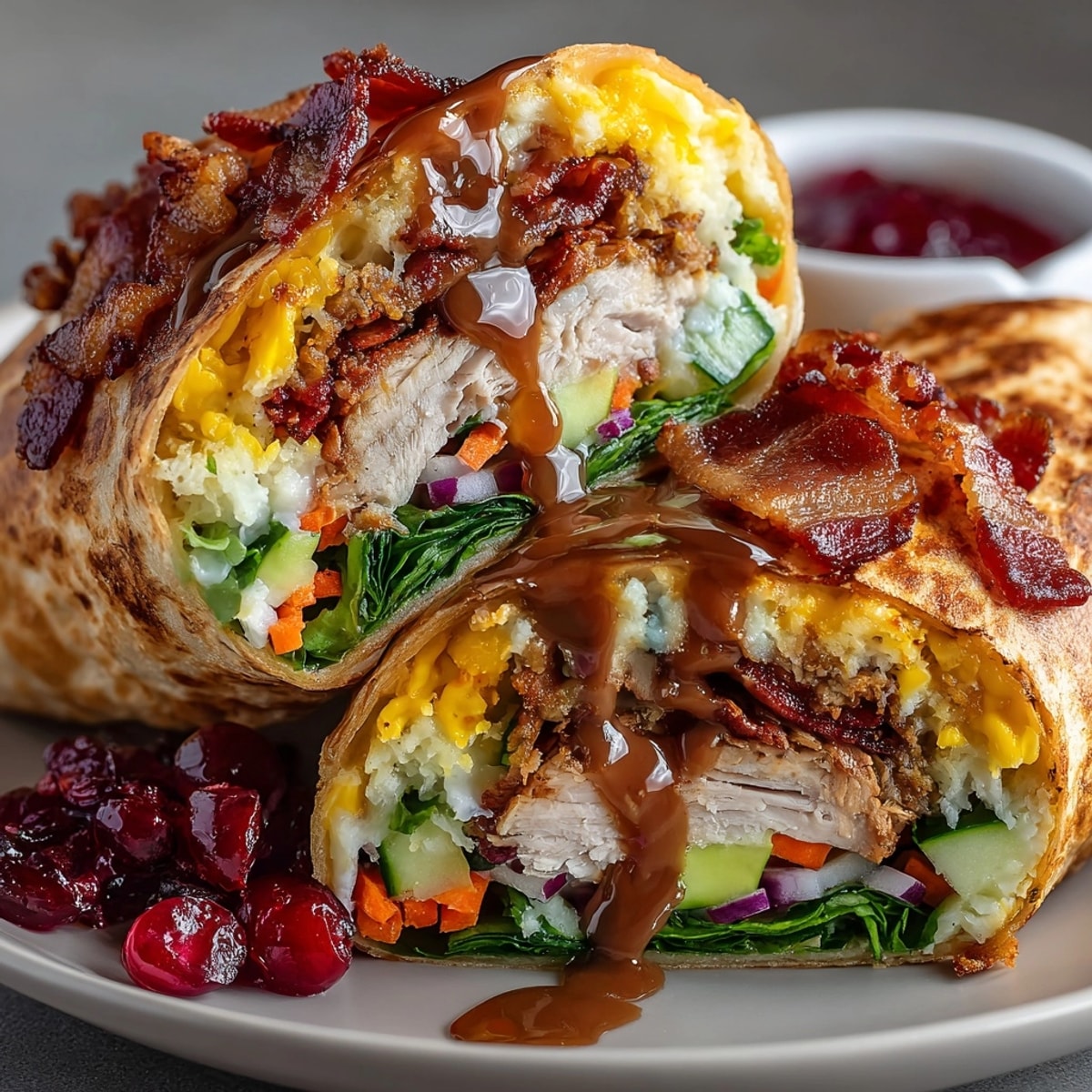 Thanksgiving leftover turkey wraps arranged with colorful ingredients, ready to be assembled.