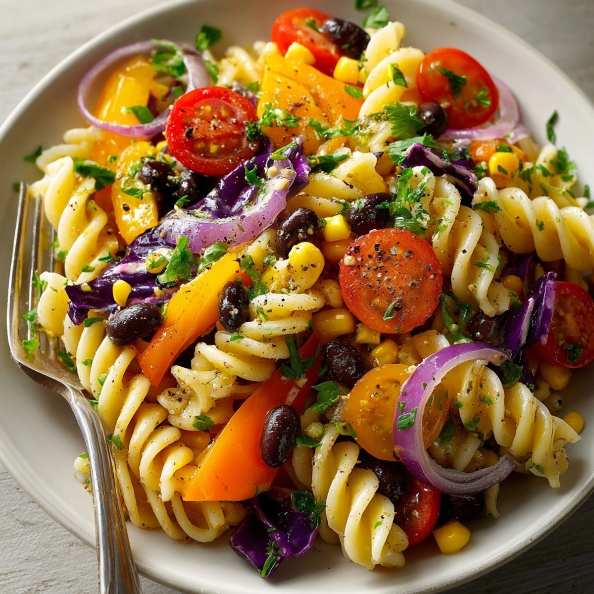 Vibrant Spooky Black Bean Halloween Pasta Salad with fresh herbs and colorful vegetables.