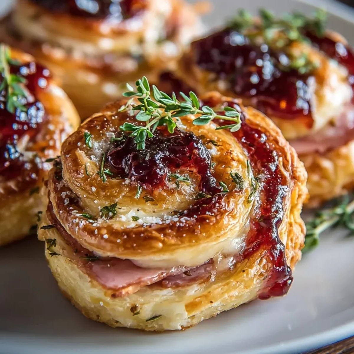 Golden Cherry-Glazed Ham and Cheese Roll-Ups, a savory appetizer glazed with sweet cherries.
