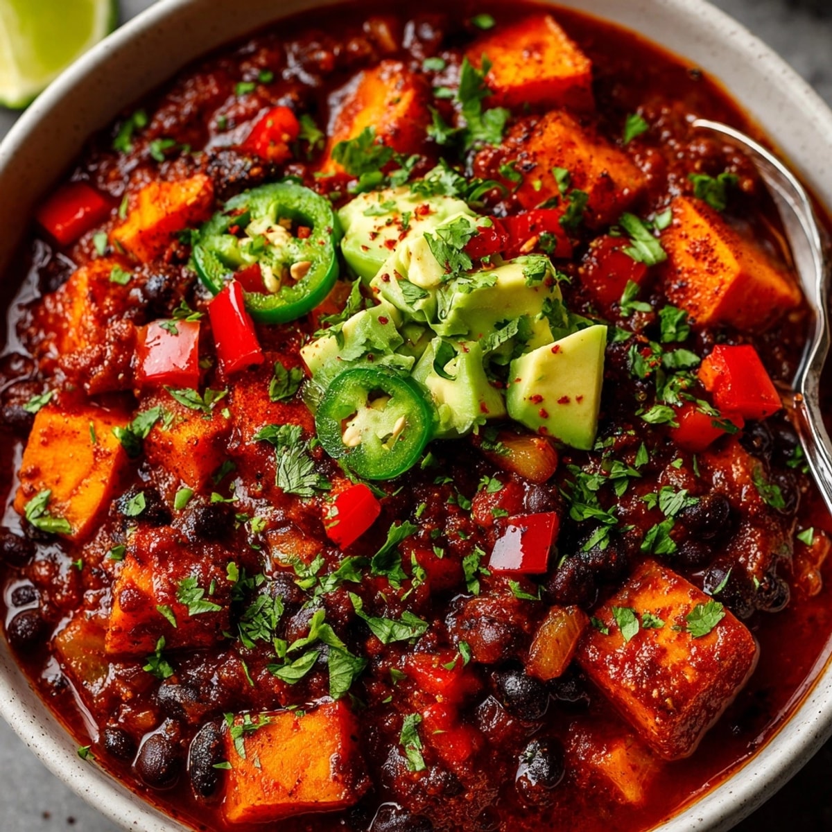 Steaming bowl of sweet potato and black bean chili, garnished with fresh cilantro and avocado.