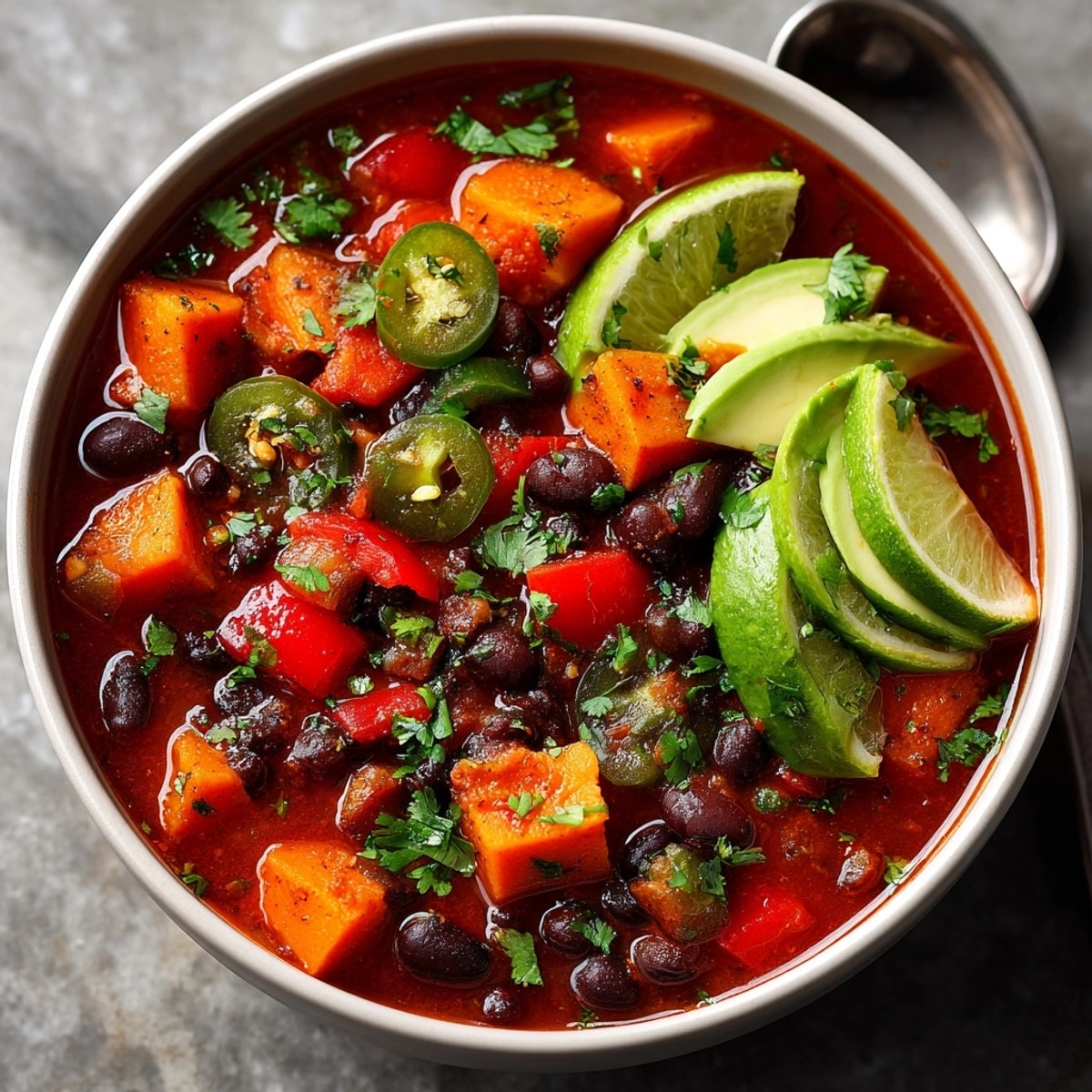 Vibrant image of a hearty sweet potato and black bean chili; perfect for a cozy autumn dinner.