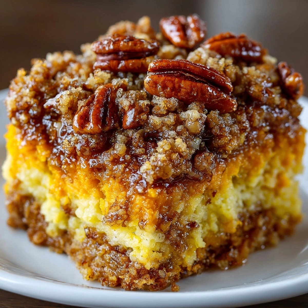 Golden-brown Maple Pecan Sweet Potato Casserole, with a rich pecan topping ready to be served.