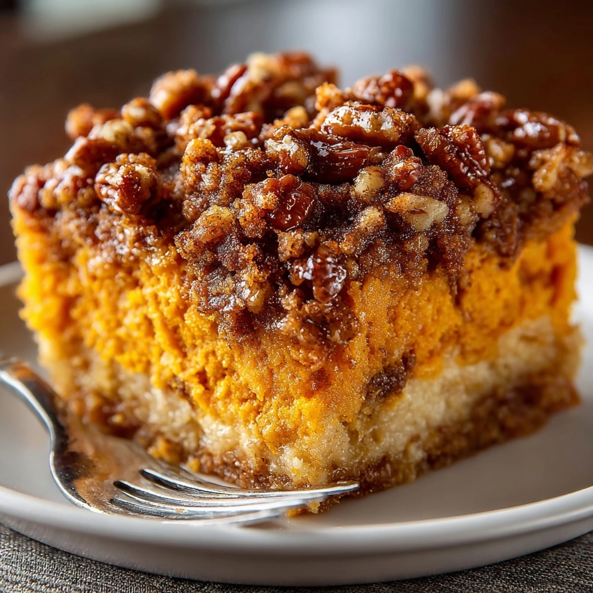 A cozy shot of warm Maple Pecan Sweet Potato Casserole, perfect for Thanksgiving dinner.