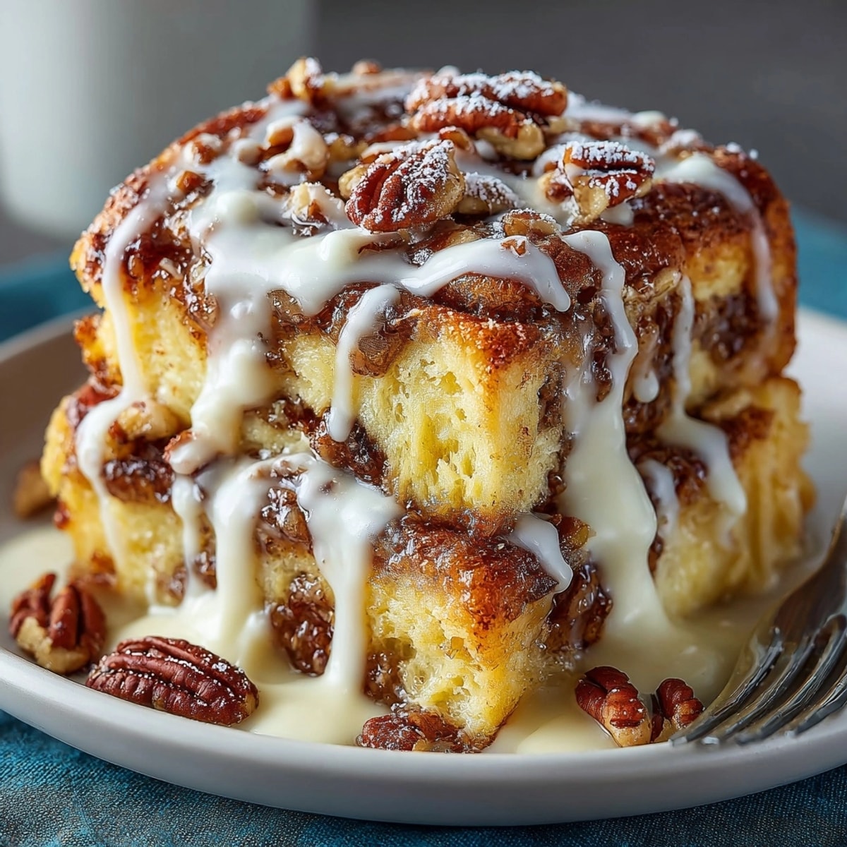 Golden brown Cinnamon Roll French Toast Bake, drizzled with sweet cream cheese icing, perfect for brunch.