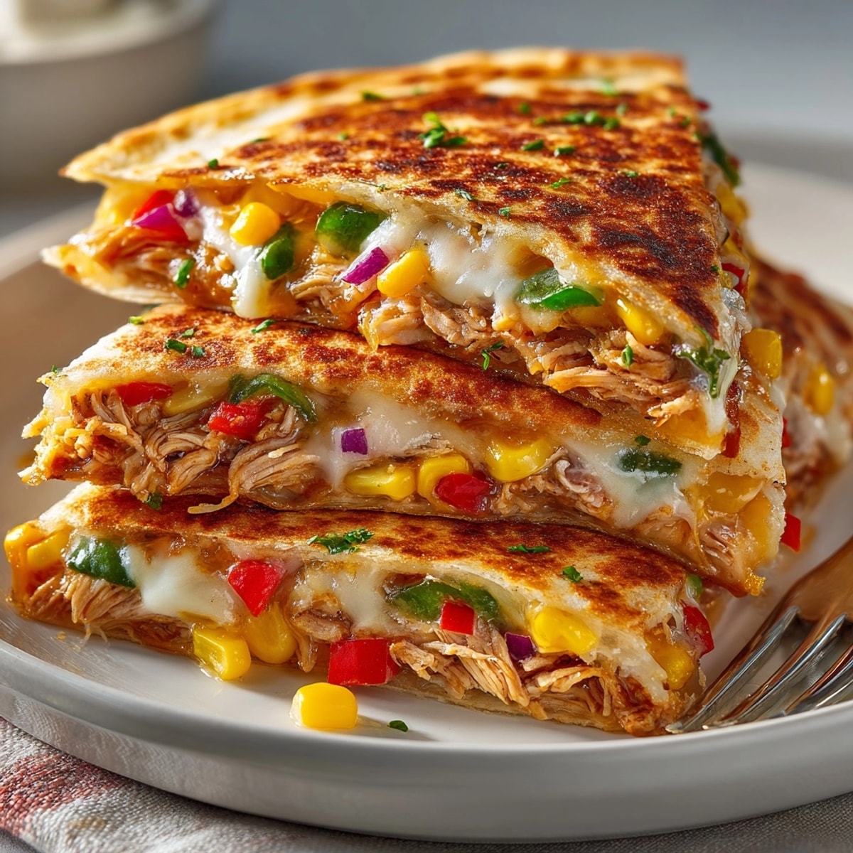 Golden-brown BBQ chicken quesadillas, oozing cheese, are ready to be sliced and served.