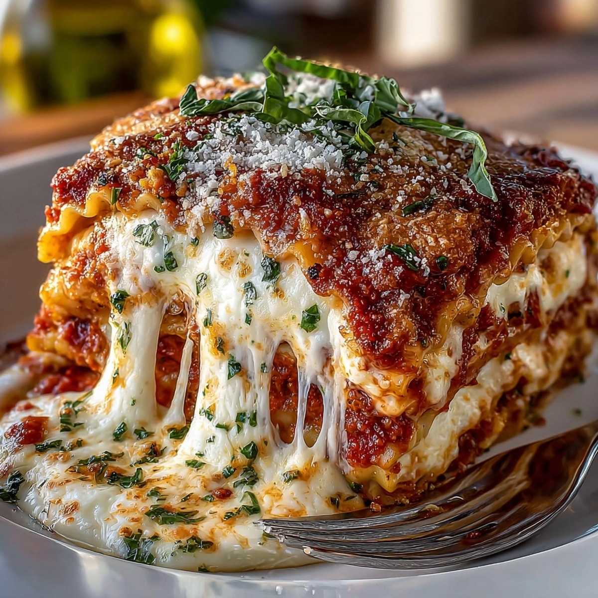 Delectable Pizza Roll Lasagna, a cheesy Italian-American bake, bubbling hot from the oven.