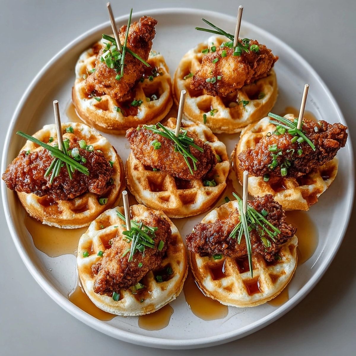 A close-up of mouthwatering Chicken and Waffle Sliders, showcasing the crispy chicken and fluffy mini waffles.