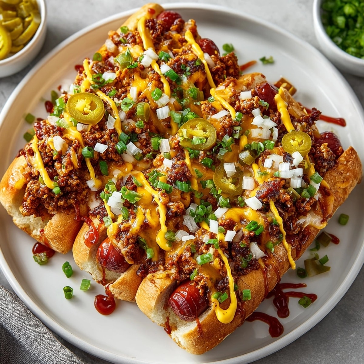 Hearty Chili Cheese Dog Casserole with crispy, golden cheese topping, ready for a delicious meal.