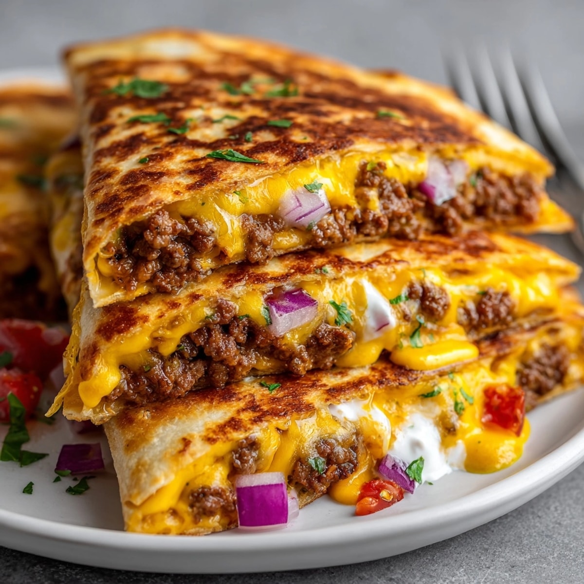 Golden-brown Cheeseburger Quesadillas with a melted cheese filling, ready to be served with special sauce.