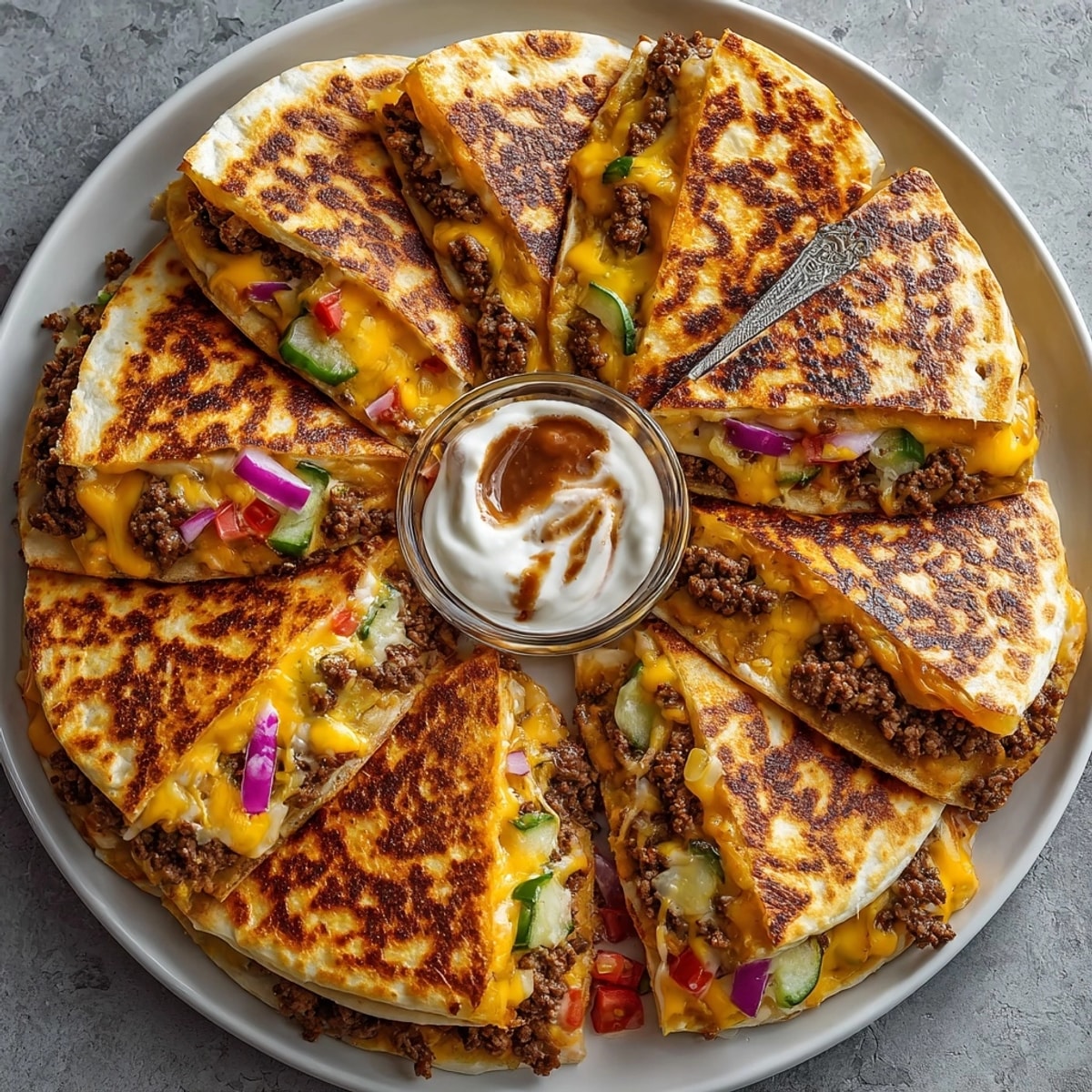 Crispy, cheesy Cheeseburger Quesadillas with beef and pickles, offering a delightful fusion of flavors.