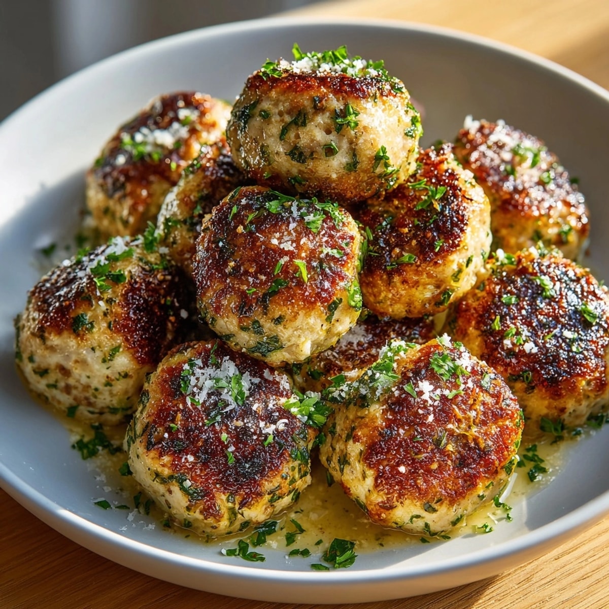 Close-up of homemade Garlic Herb Turkey Meatballs showing moist texture, served with fresh herbs.