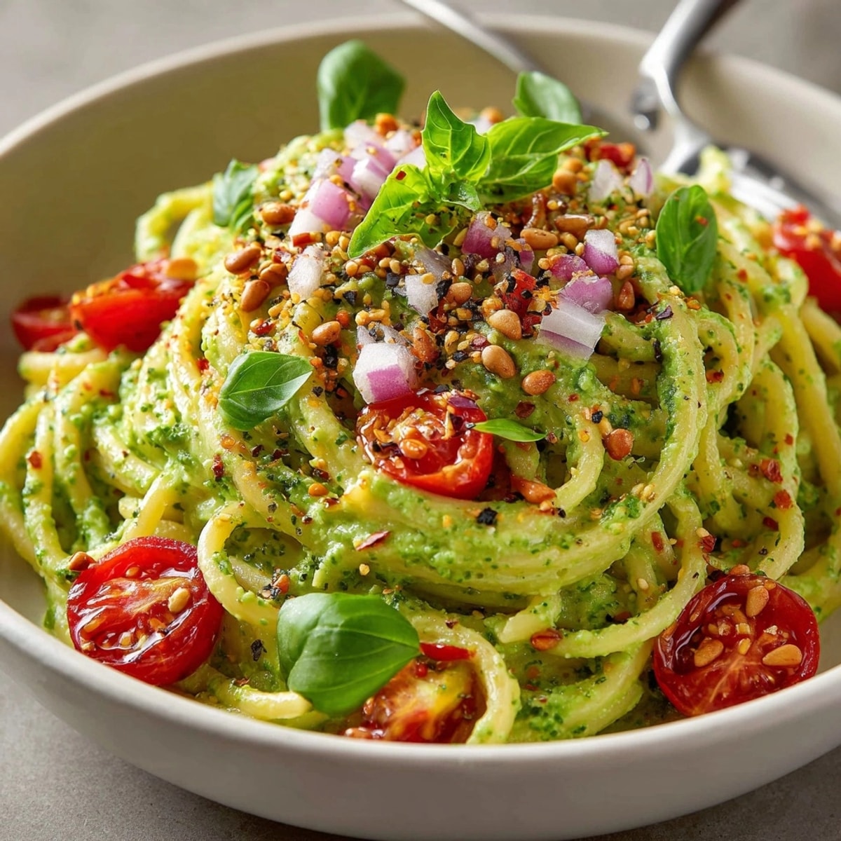 California Avocado Pasta with Everything Seasoning Rain served creamy with cherry tomatoes and fresh basil.