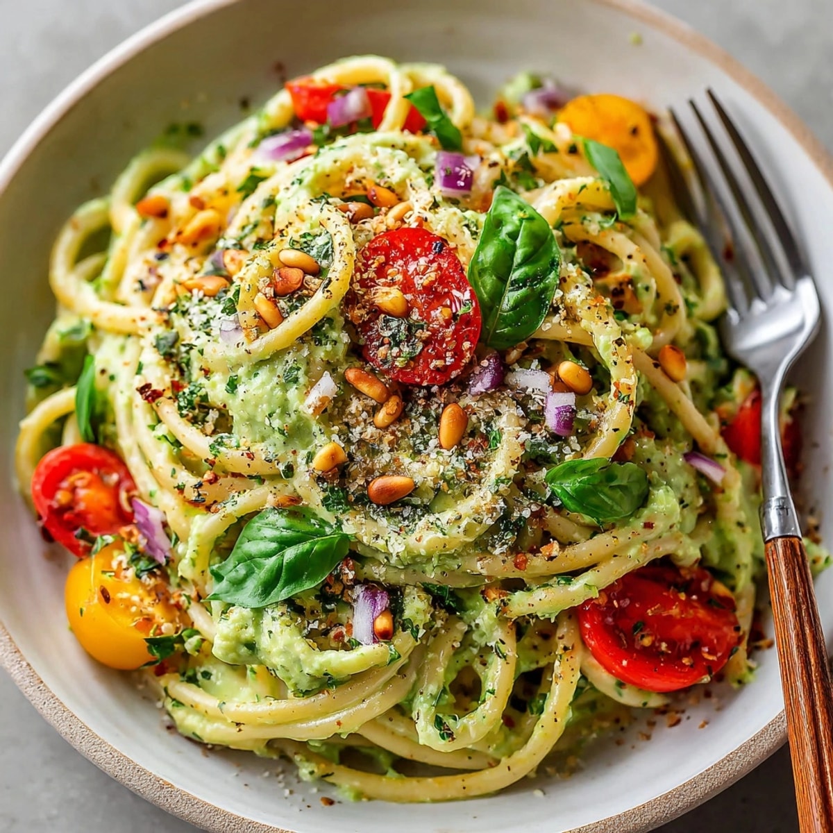 Creamy California Avocado Pasta tossed with everything bagel seasoning and bright, colorful toppings.