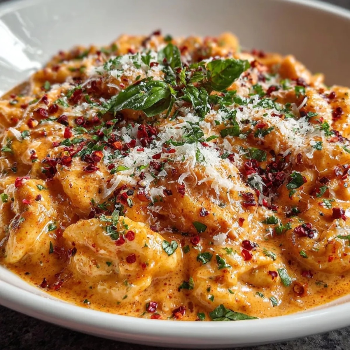 Vodka Sauce 2.0 with Pink Peppercorn Accent poured over pasta, garnished with fresh basil.