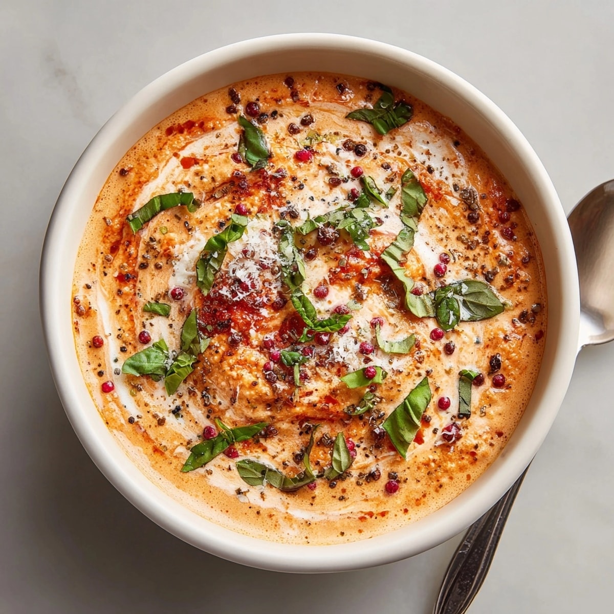 Velvety Vodka Sauce 2.0 with Pink Peppercorn Accent served in a white bowl for dipping.