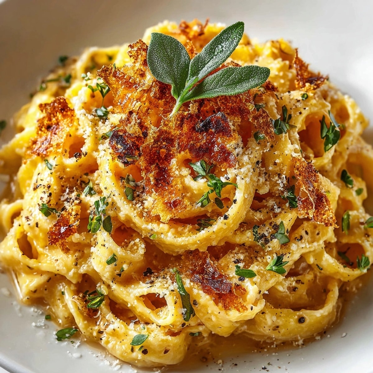 Brown Butter Sage Pasta with Crispy Sage Glass Shards served on a rustic plate, glistening with golden sauce.