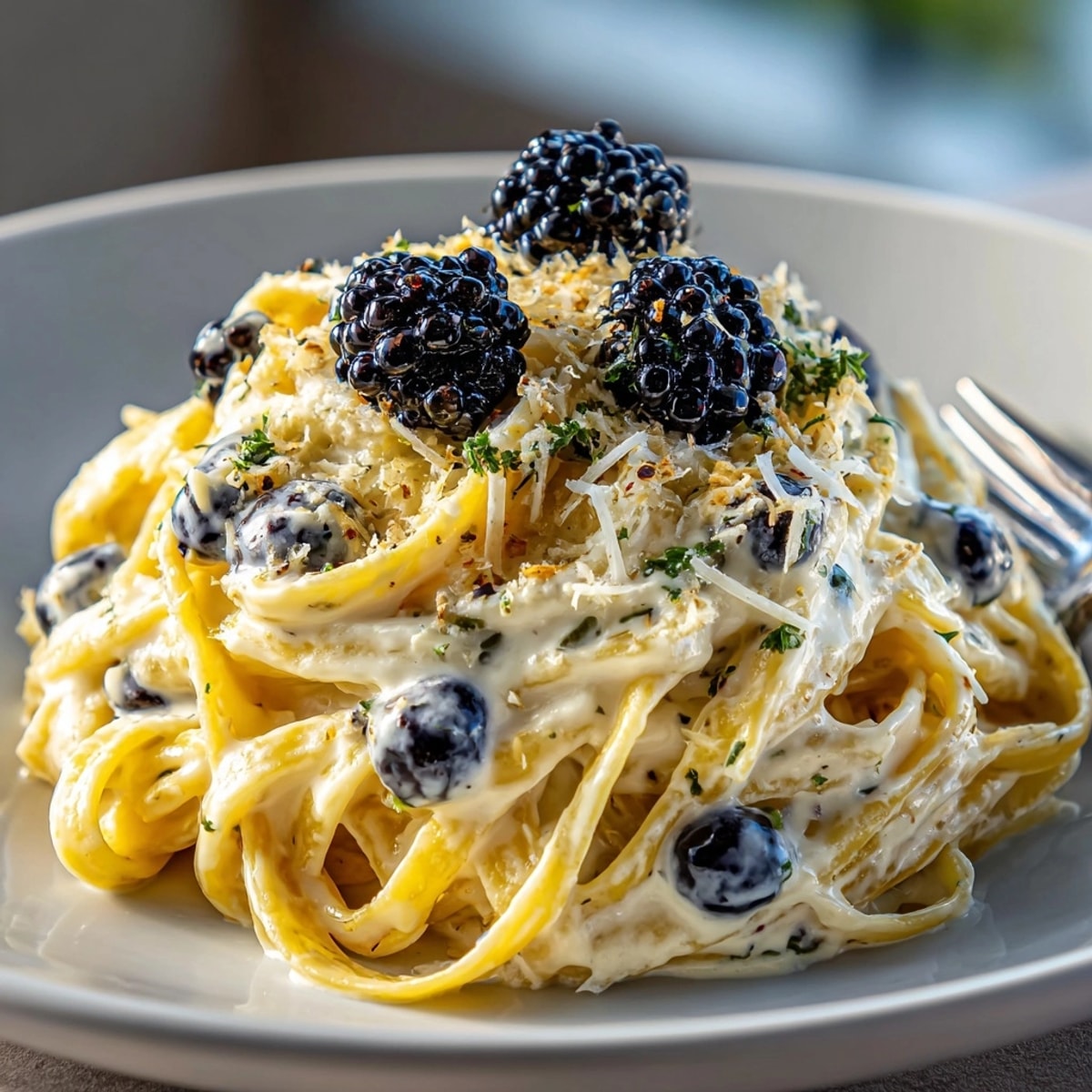 Creamy Milk Tea Alfredo with Boba Pearl Garnish served fresh in a white bowl for dinner.