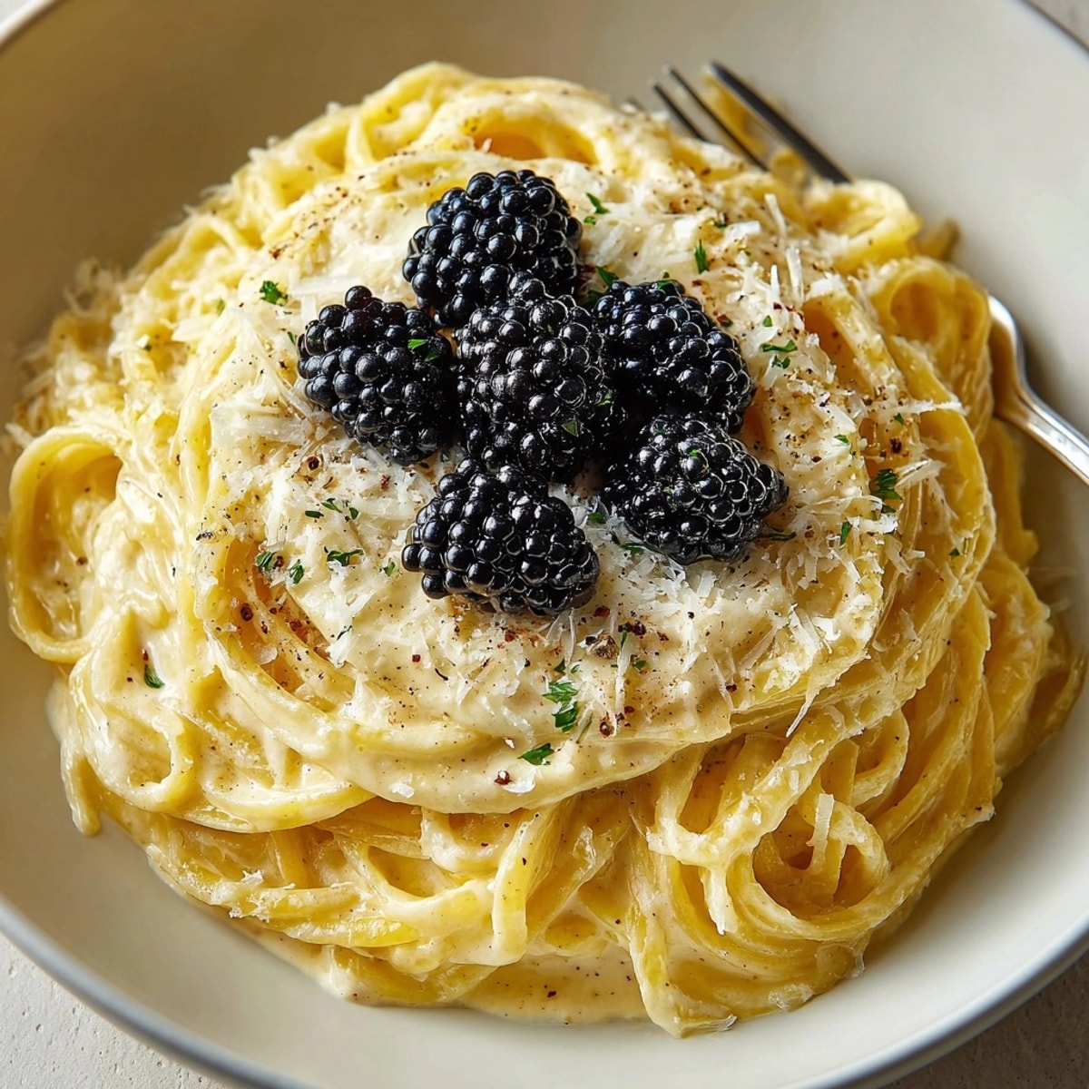Close-up of Milk Tea Alfredo pasta topped with glossy, brown sugar-coated boba pearls.