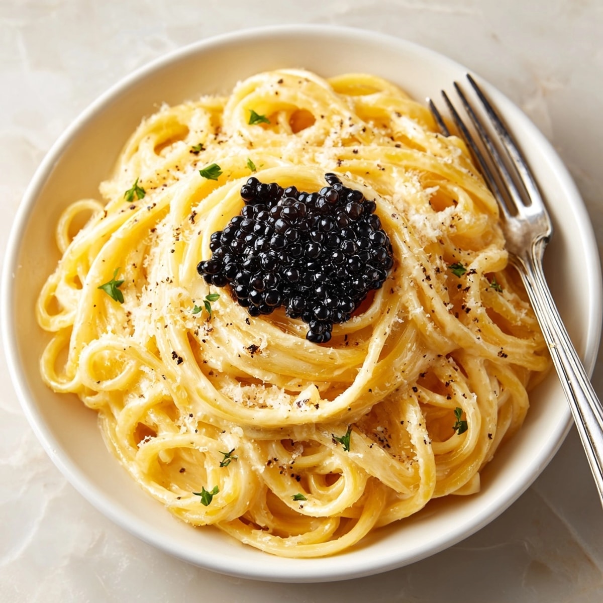 Milk Tea Alfredo with Boba Pearl Garnish, fettuccine swirled in aromatic sauce and chewy bubbles.